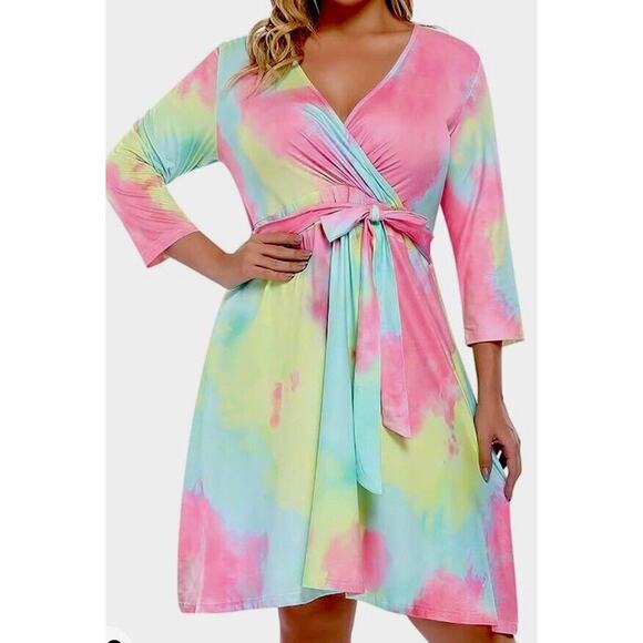 Amzplus V Neck 3/4 Sleeve A Line MIDI Faux Wrap Plus Size 2XL Dress NWT - Picture 1 of 6